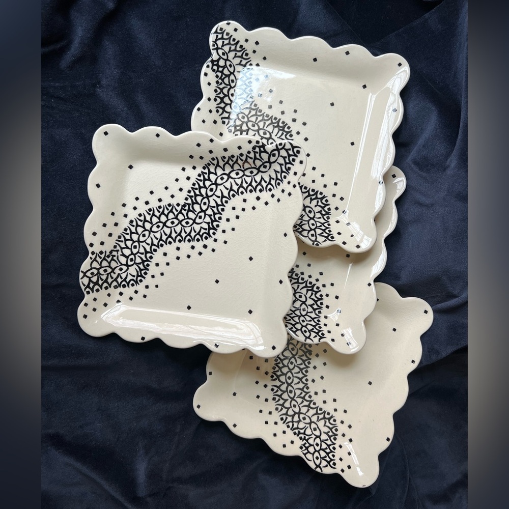 Polish Pottery Hand-Painted Scalloped Square Salad or Dessert Plates, Set of 4